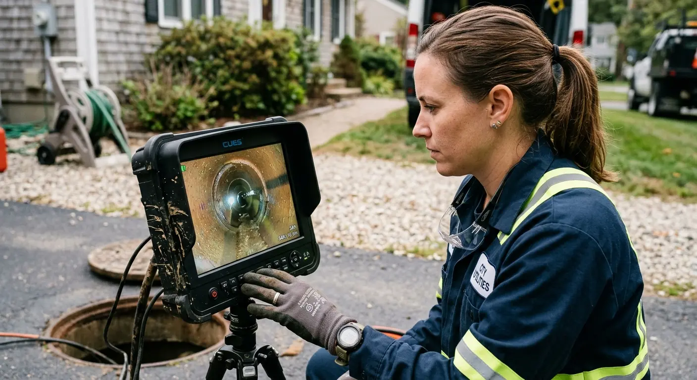 Technician reviewing sewer camera inspection footage in Mapleton