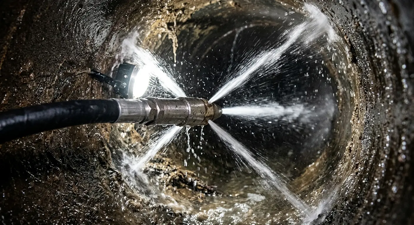 High-pressure hydro jetting nozzle cleaning sewer pipe for Storm Drain Cleaning in Mapleton