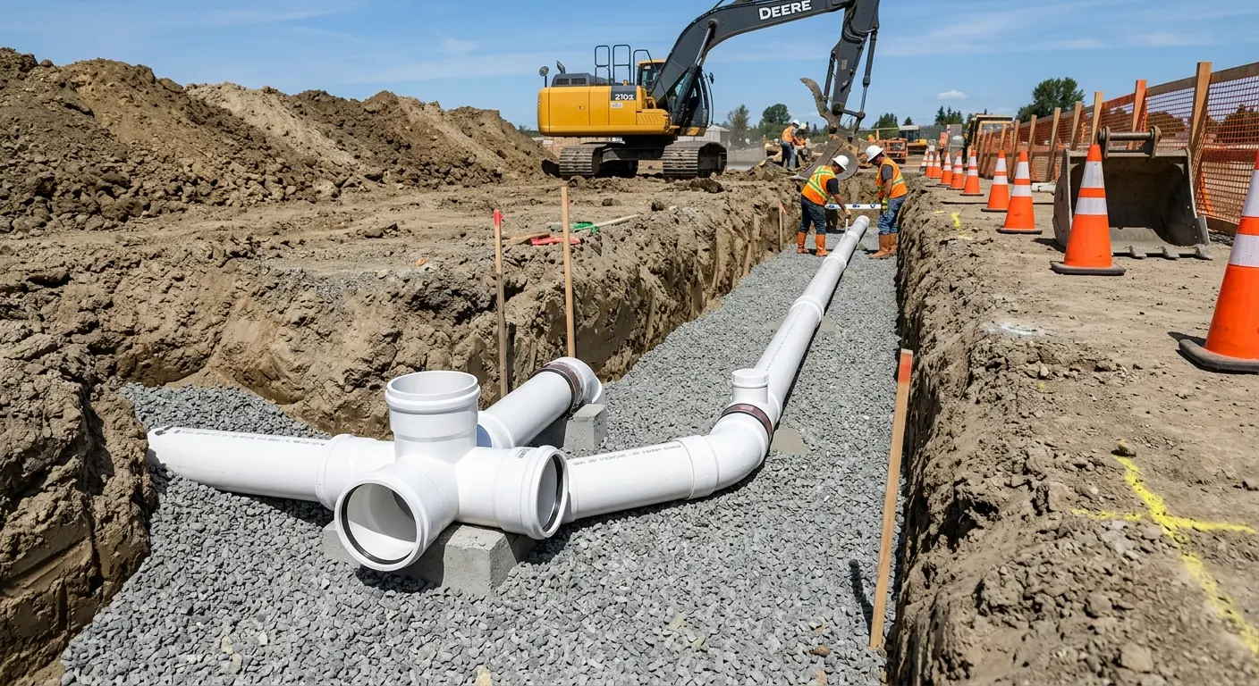 New PVC sewer pipe installation in open trench for Grease Trap Cleaning in Mapleton
