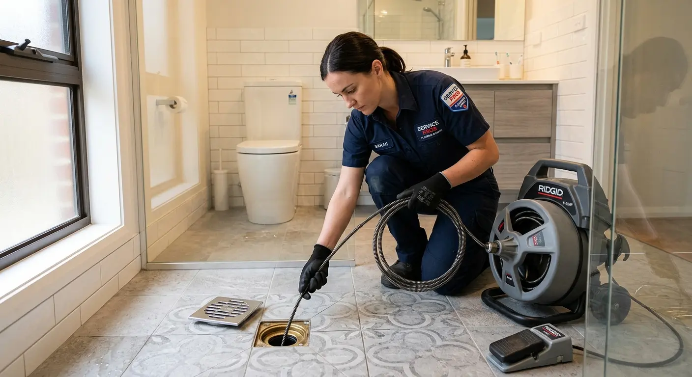 Technician clearing a bathroom floor drain for Sewer Line Installation in Mapleton